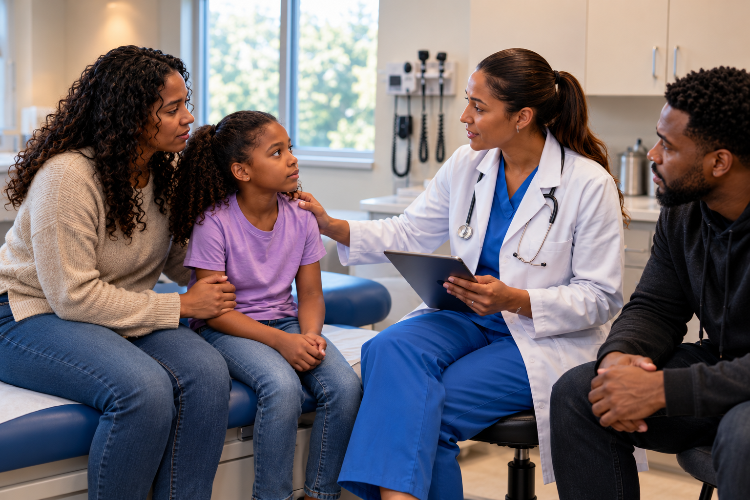 A family meeting with a healthcare provider in an exam room (illustrative)