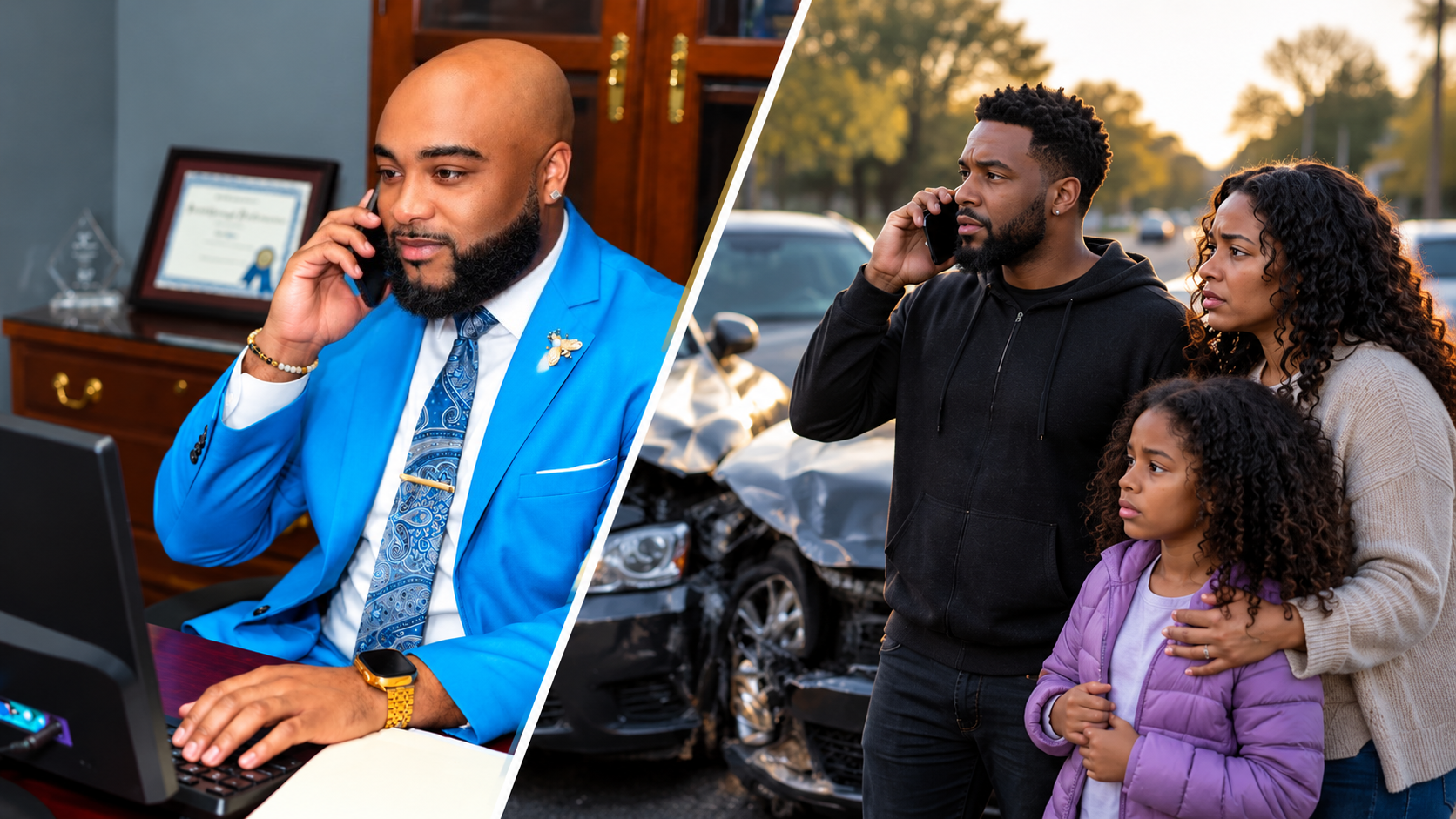 Brandon Anthony answering the phone in his office as a family calls from an accident scene