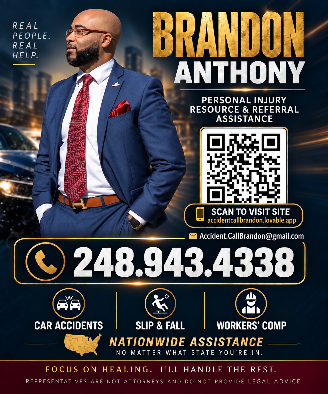 Brandon Anthony digital business card with phone number 248-943-4338, email, website, and a QR code to visit the site